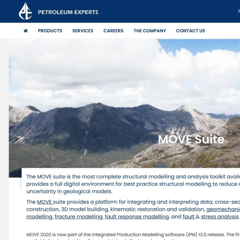 del av skärmdump från Petroleums hemsida för Move software, bild på en bergkädja