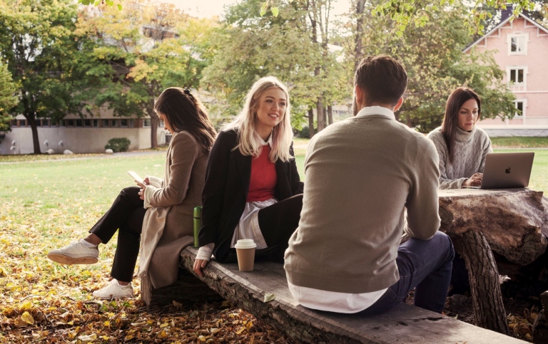 A group of students outside in the autumn leaves at Campus Frescati. Photo: Jens Olof Lasthein