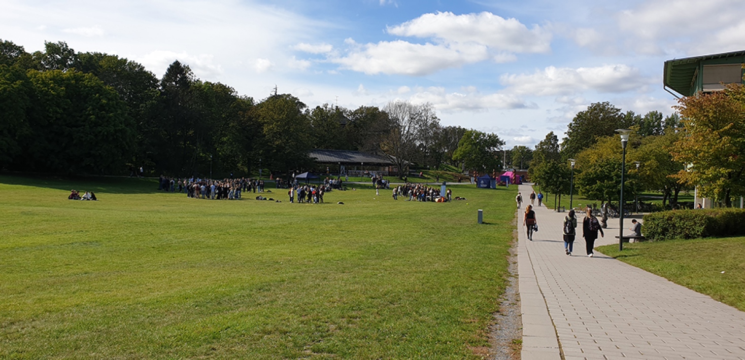 many students on the lawn infront of the Geoscience building, stockholm university