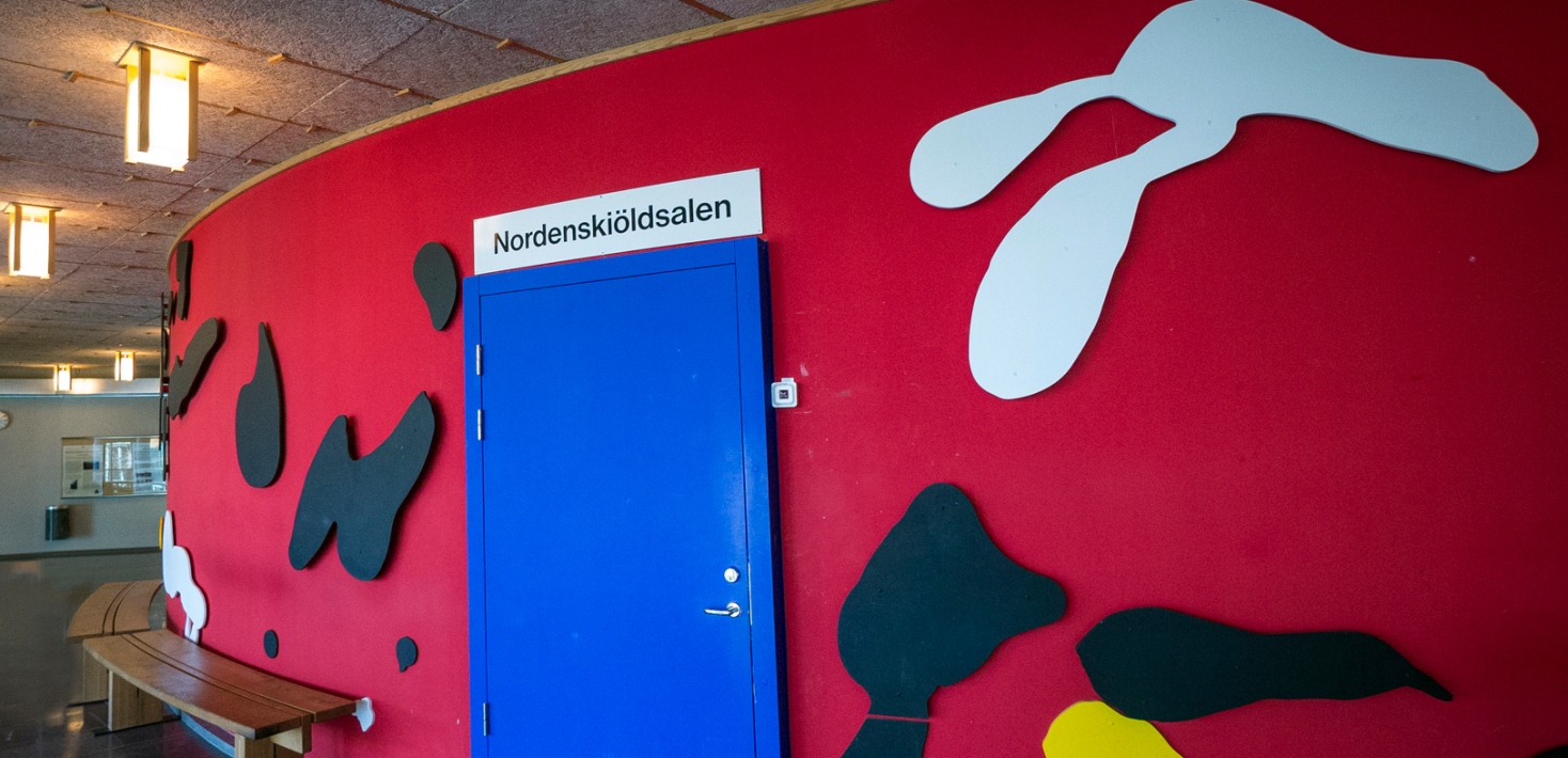 lecture hall inside geoscience building, walls are red with art formations of different colours