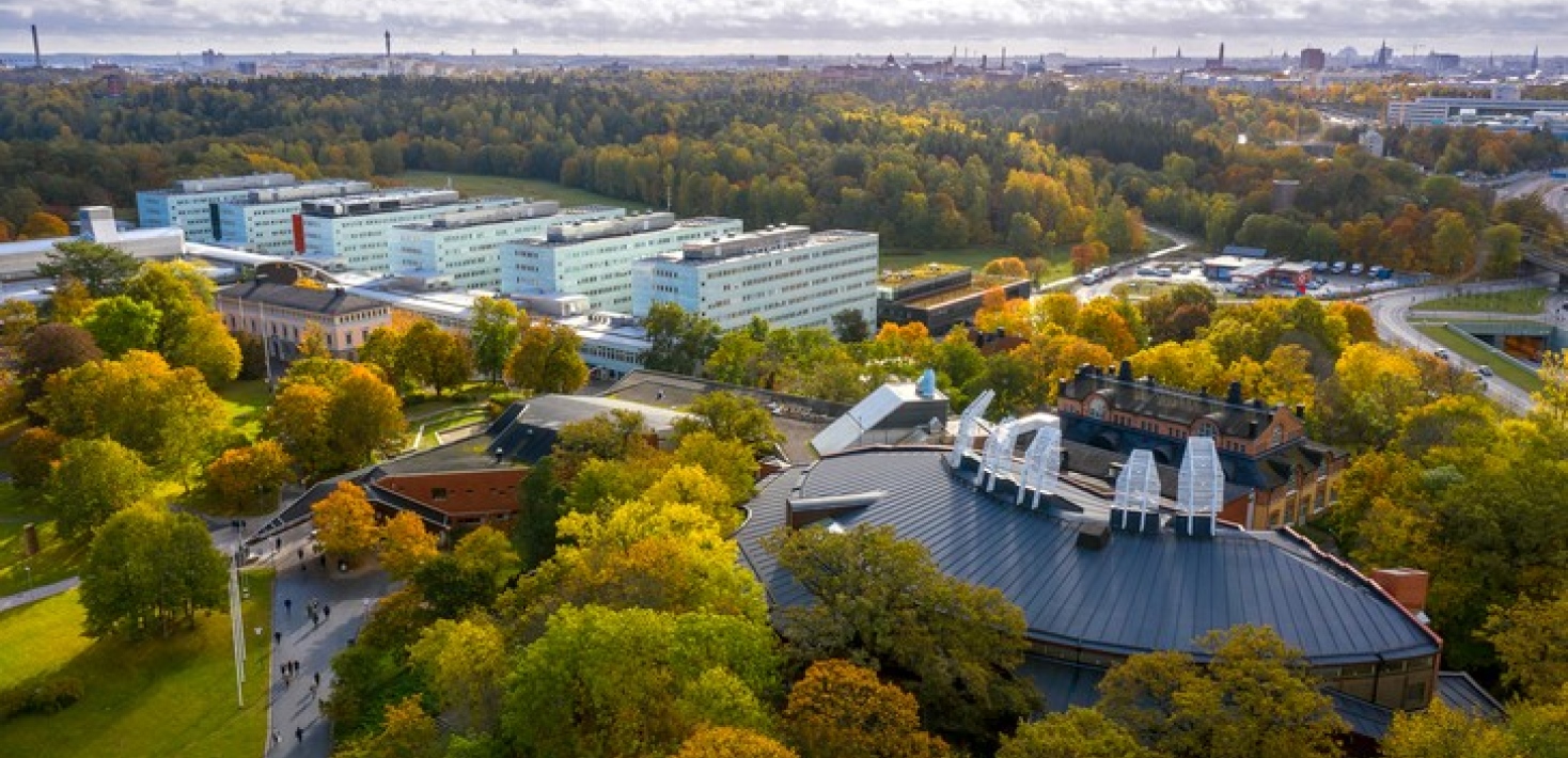 Drönarbild över universitetsområdet Frescati.