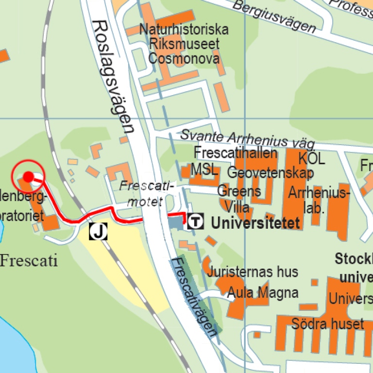 Karta över hela SU:s campus. Med väg markerad till Wallenberglaboratoriet.