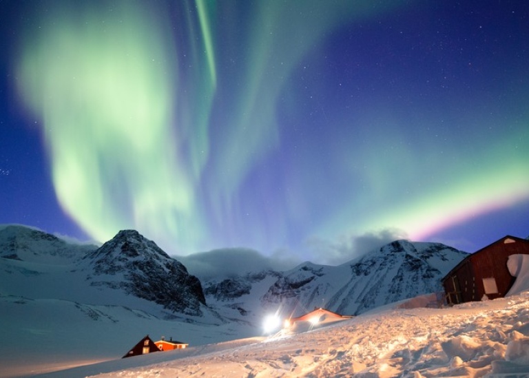 Tarfala research station with Aurora Borealis. Photo: Petter Hällberg/Stockholm University