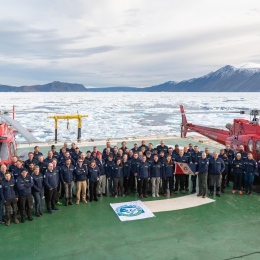 Ryder expedition group photo on icebreader Oden's deck