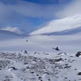 Förberedelser för att mäta vinterbalansen, Robots glaciär. Fotograf Nina Kirchner. 