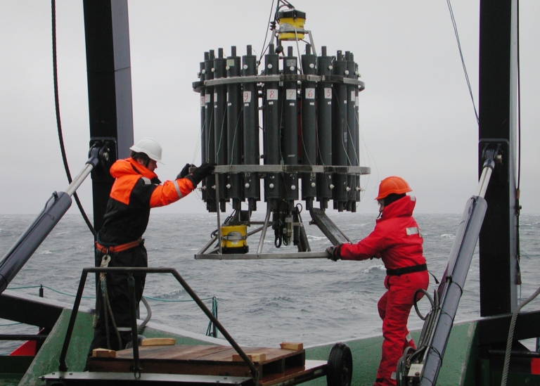 Water samples are taken on board the icebreaker Oden during a previous expedition. 24 bottles have taken water samples at pre-programmed depths down to 4,400 meters. Photo: Pauline Snoeijs Leijonmalm.