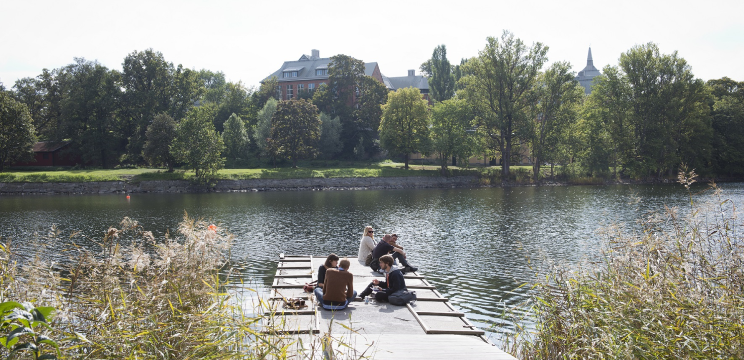 Studenter på brygga vid Brunnsviken, Kräftriket i bakgrunden