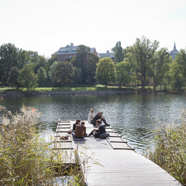 Studenter på brygga vid Brunnsviken, Kräftriket i bakgrunden, sommar.