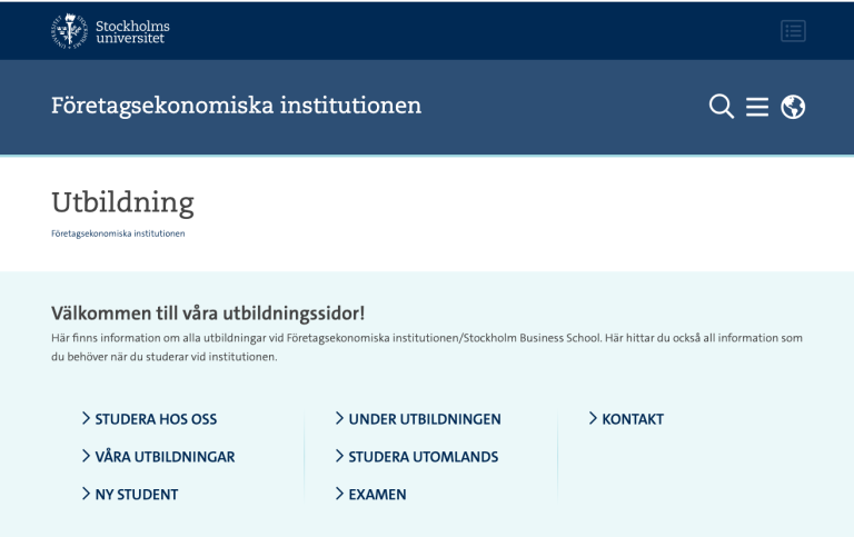 Skärmdump av menyn på ingången Utbildning.