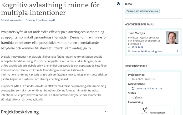 Projektsida: Kognitiv avlastning i minne för multipla intentioner (Mäntylä)