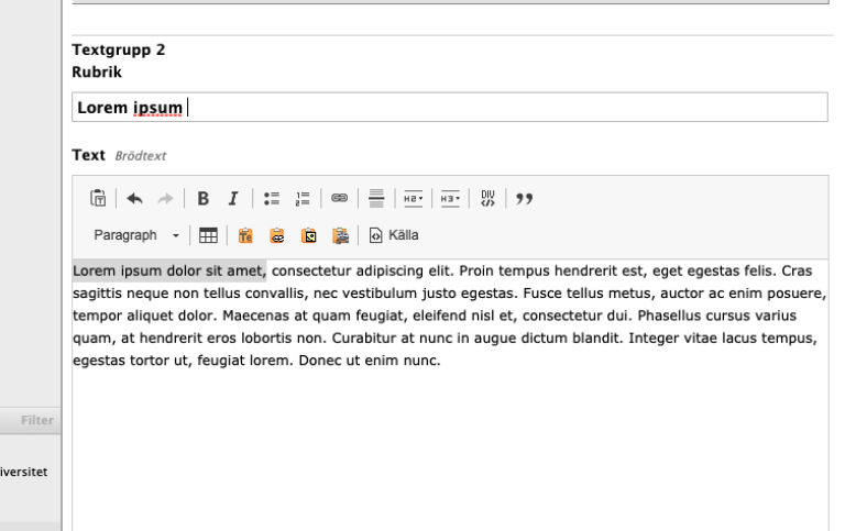 Skärmdump av gränsnittet i polopoly som visar editorn för textblock på samlingssida.