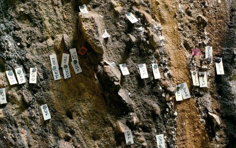 Horisontell stratigrafi markerad med små papperslappar