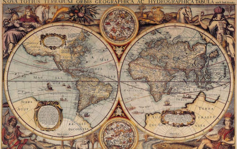 Karta över världen från 1584. Två cirklar som visar Nord- och Sydamerika och Europa, Afrikas,  Asien