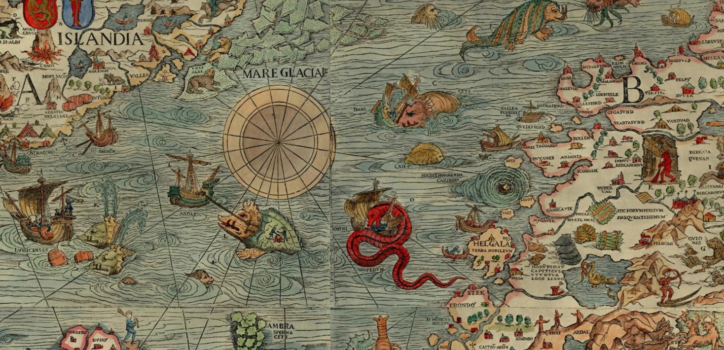 Utsnitt av illustrerad gammaldags karta. På bilden syns Island skepp och sjövarelser.