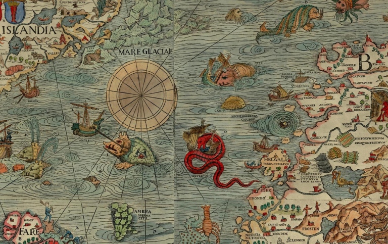 Utsnitt av illustrerad gammaldags karta. På bilden syns Island skepp och sjövarelser.