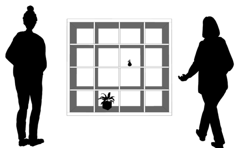 Two people in silouette approaching a bookshelf