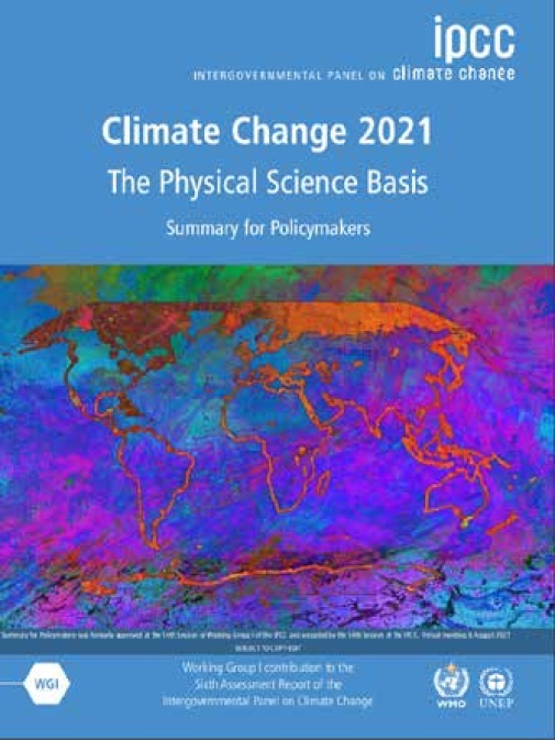 Front cover for Climate Change 2021 report The Physicla Science Basis. IPCC 2021