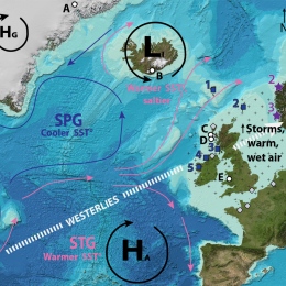 map showing ocean bathymetry between Greenland, Europe and USA