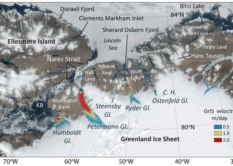 Map with satellite view of north greenland and ellesmera island