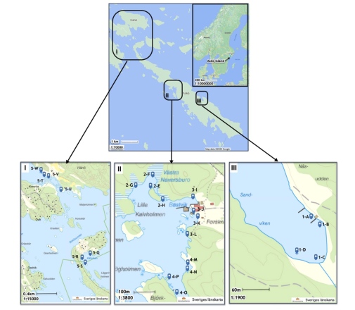 4 diferent maps showing the sampling areas