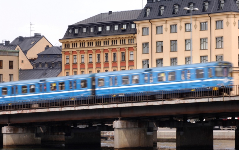 Train crossing bridge in Stockholm