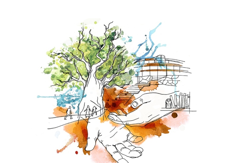 Illustration of a big tree, Aula Magna, people walking, books and a couple of hands, by SaraMara.