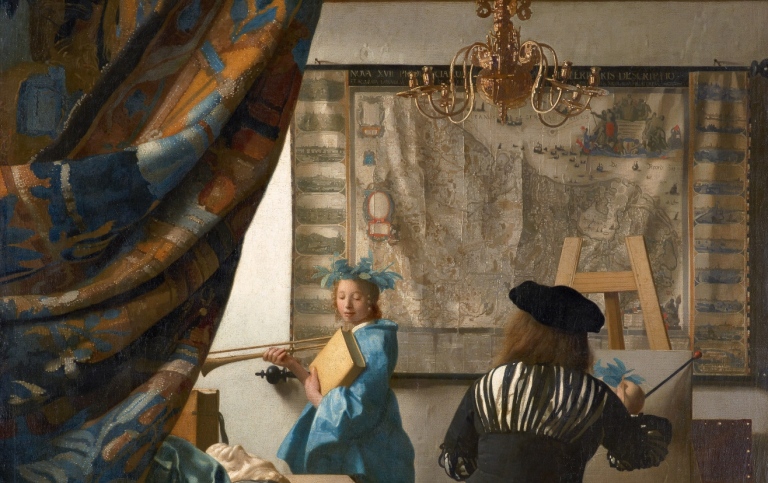 Målning. En renässanstida målare med ryggen mot betraktaren sitter vid ett staffli framför en flicka