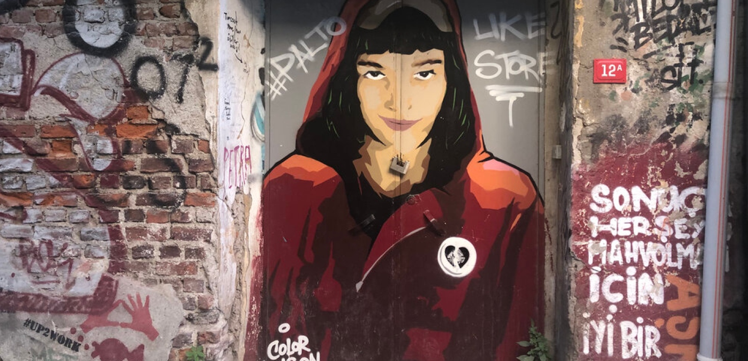 A mural in Istanbul depicting Tokyo from Netflix's Casa de Papel/Money Heist. Photo by Sebnem Baran.