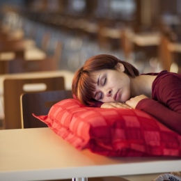 Sleeping woman with pillow at diner's table. Photo: Engin Akyurt from Pixabay.