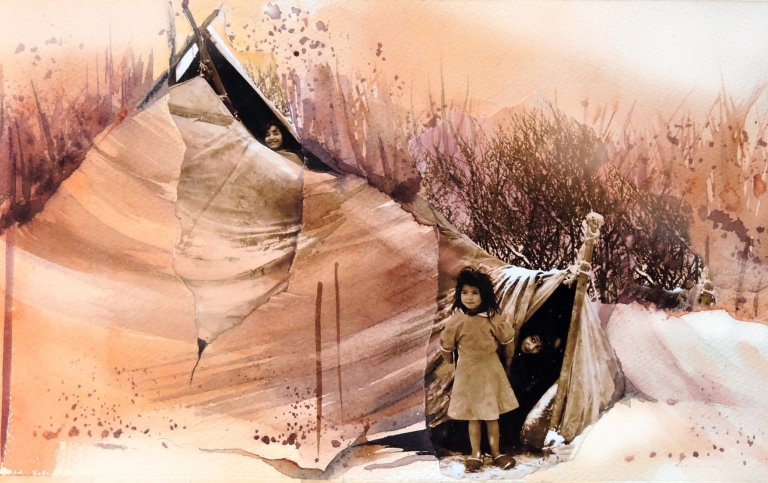 Children outside of a tent