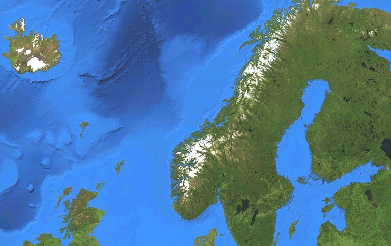 Satellite map of the European part of the Nordic region, except Jan Mayen and Svalbard.