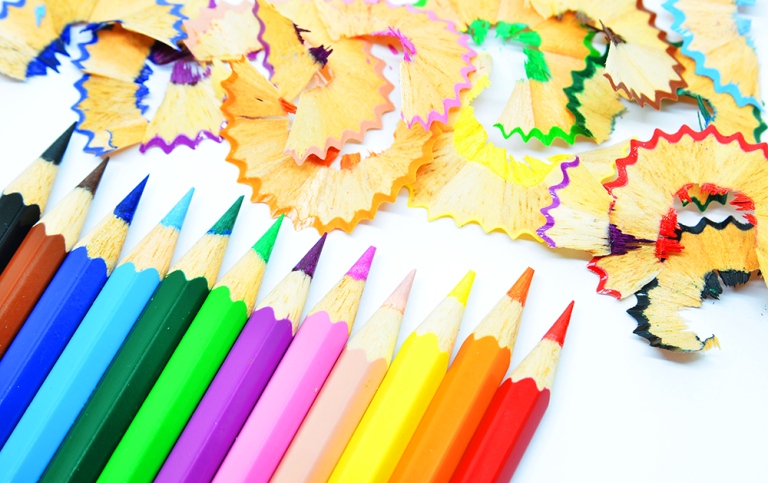 Coloured pencils and pencil shavings.