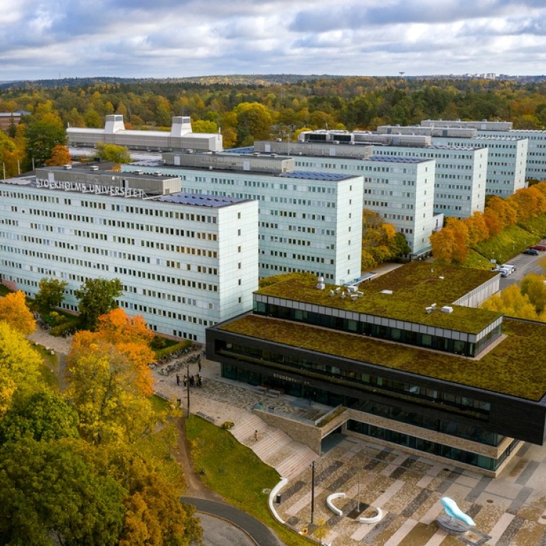 A drone pic of Södra huset, the blue high-rise buildings.