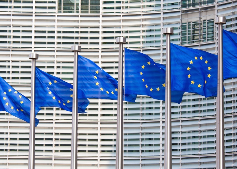 Seven EU flags in front of a grey building.