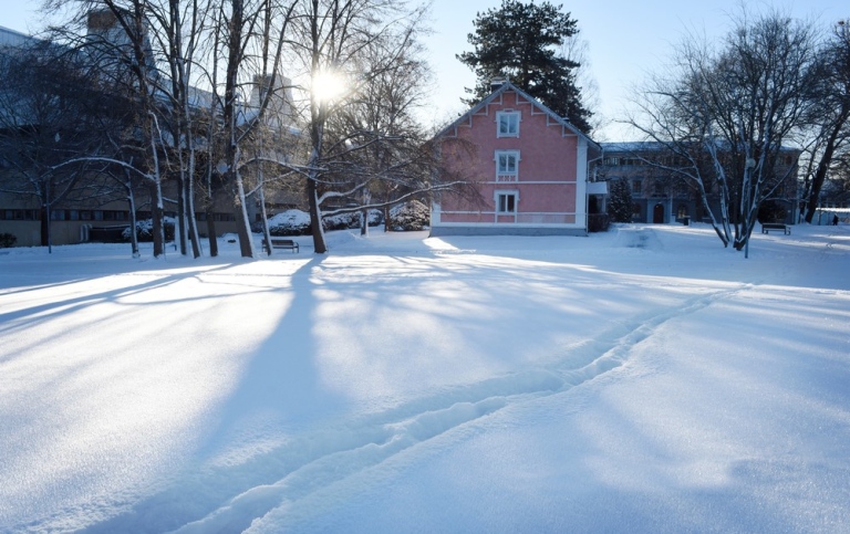 Skära villan på ett snötäckt campus Frescati.