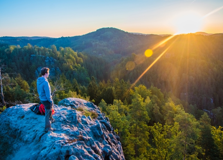 En person står vid en utkiksplats och tittar ut över ett naturreservat i soluppgång