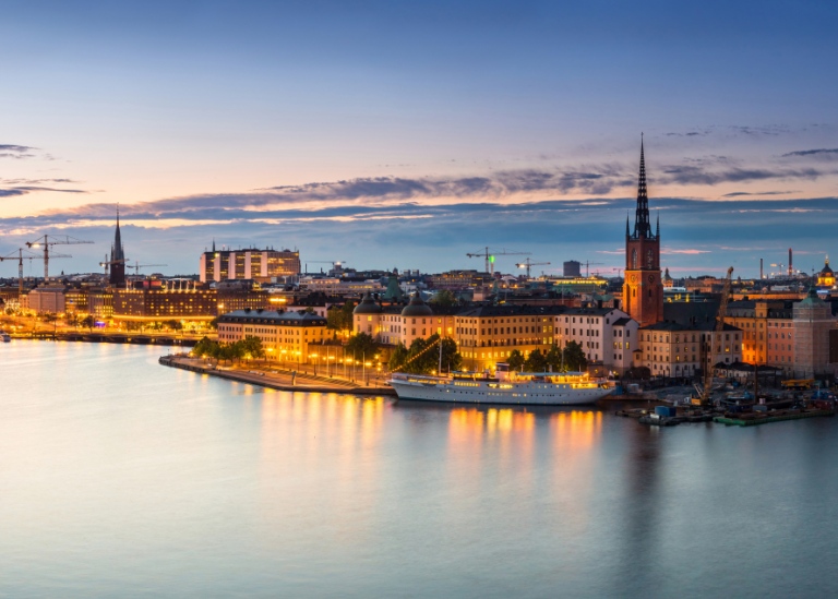 Scenic summer night panorama of the Old Town (Gamla Stan) architecture in Stockholm, Sweden