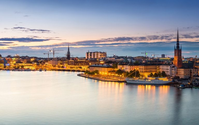 Scenic summer night panorama of the Old Town (Gamla Stan) architecture in Stockholm, Sweden