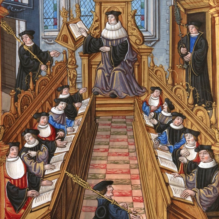 A meeting of doctors at the university of Paris. From the "Chants royaux" manuscript, Bibliothèque