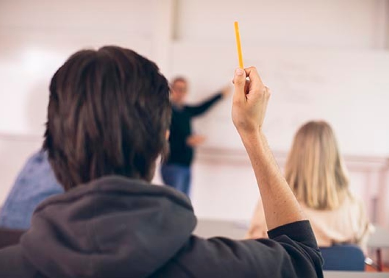 en person som räcker upp handen sedd bakifrån i fokus. Framför denna en lärare framför en vit tavla.