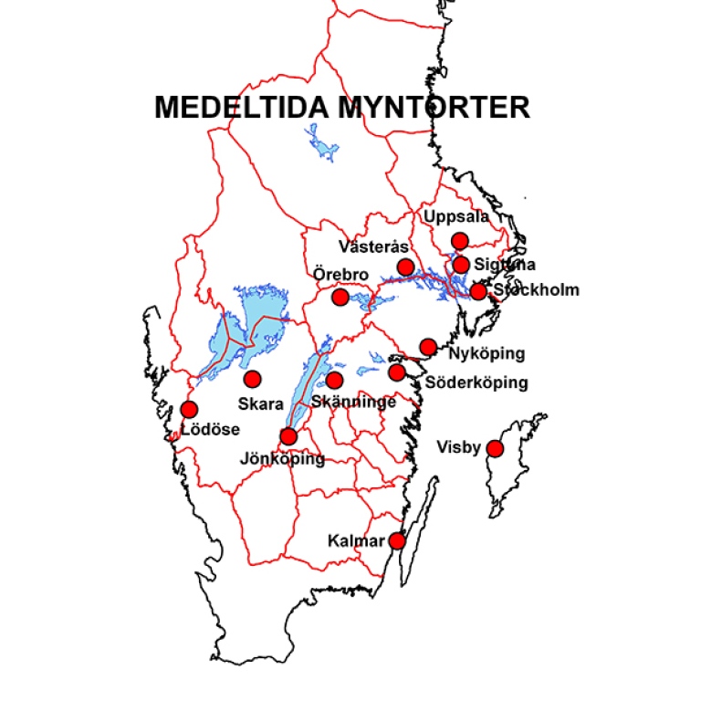 Karta som visar medeltida myntorter i Sverige