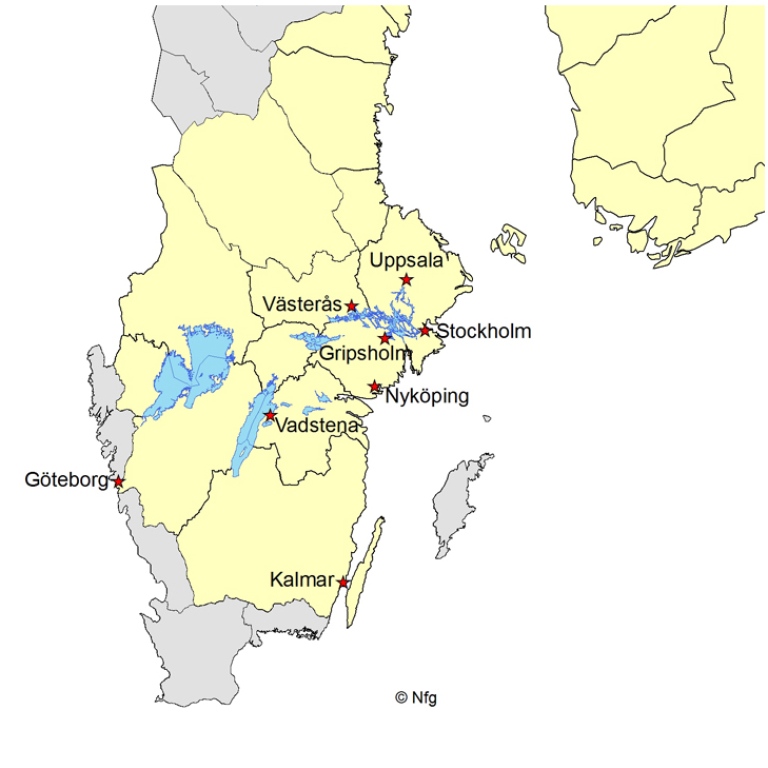 Karta som visar myntorter i Sverige 1561-1611
