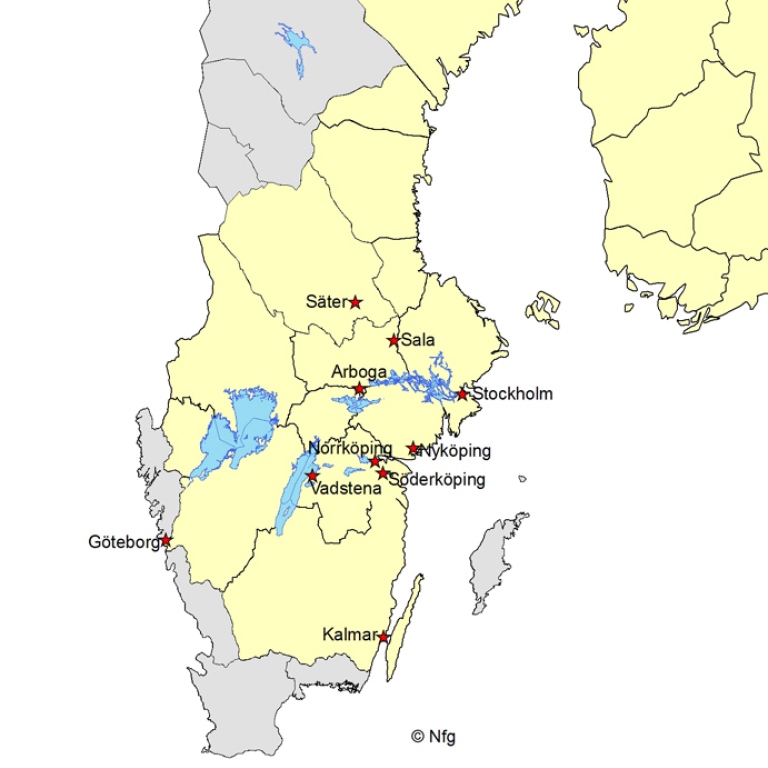 Karta som visar myntorter i Sverige 1611-1632