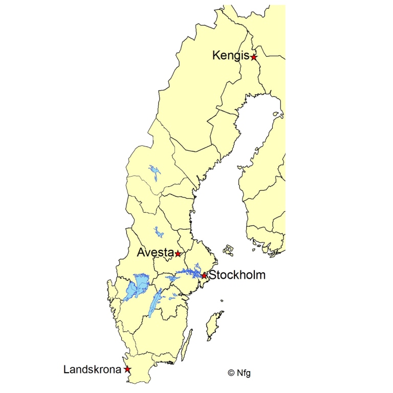 Karta som visar myntorter i Sverige 1658-1718