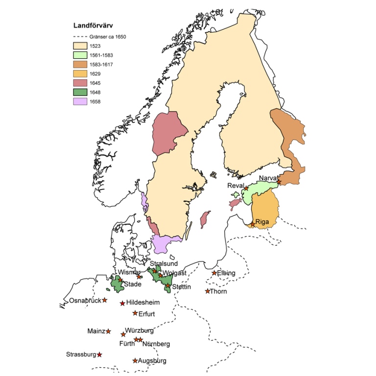 Karta som visar myntorter för Sveriges besittningsmynt 1561-1799