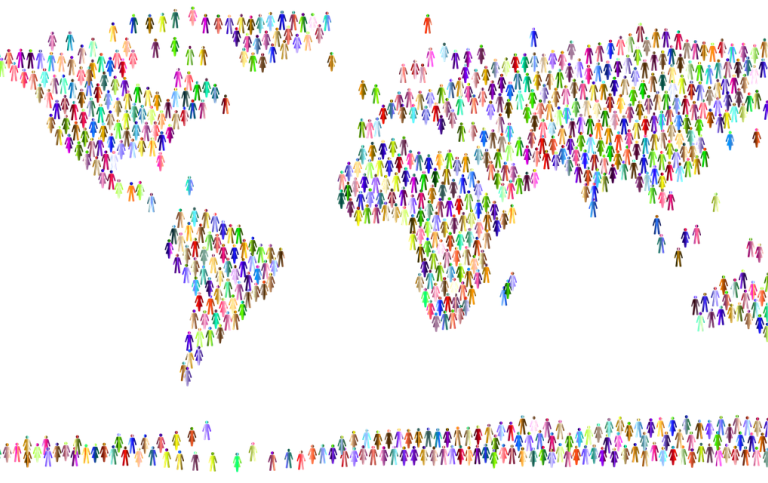 Världskarta ritad med människor i olika färger. Bild: GDJ på Pixabay.
