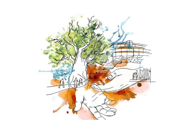 A drawing of an oak, Aula Magna, a walking person, hands, books. Illustration: SaraMara