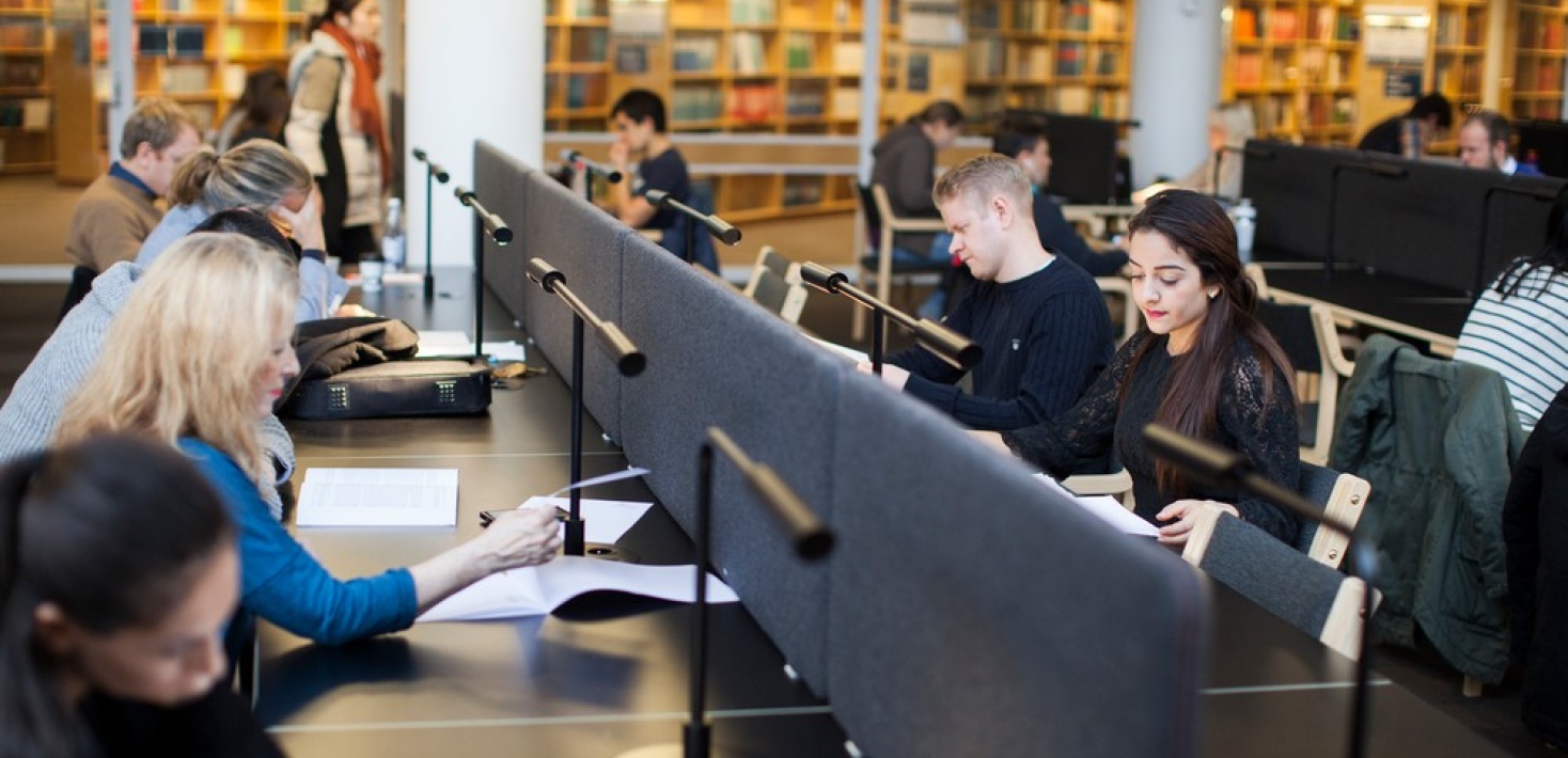 Studenter pluggar i biblioteket.