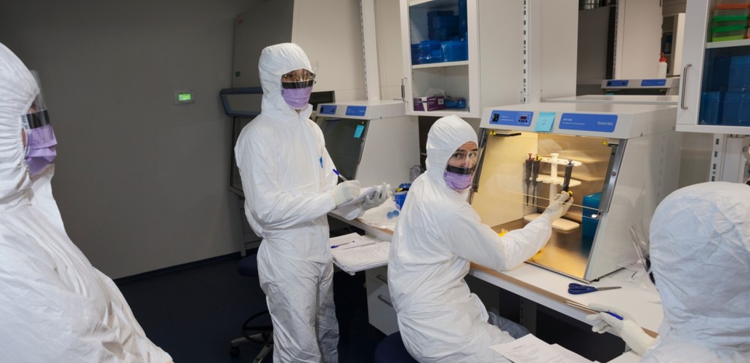 Forskare iförda skyddskläder i ett labb.