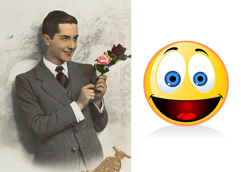 Ena bilden visar en man som håller en blombukett och ler. Andra bilden är en gul smiley.